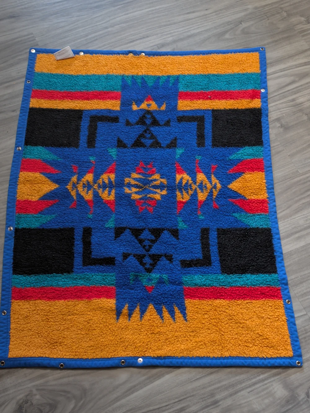 VTG Biederlack Southwestern Aztec Baby Blanket Snap Stroller Fleece Blue 35x26